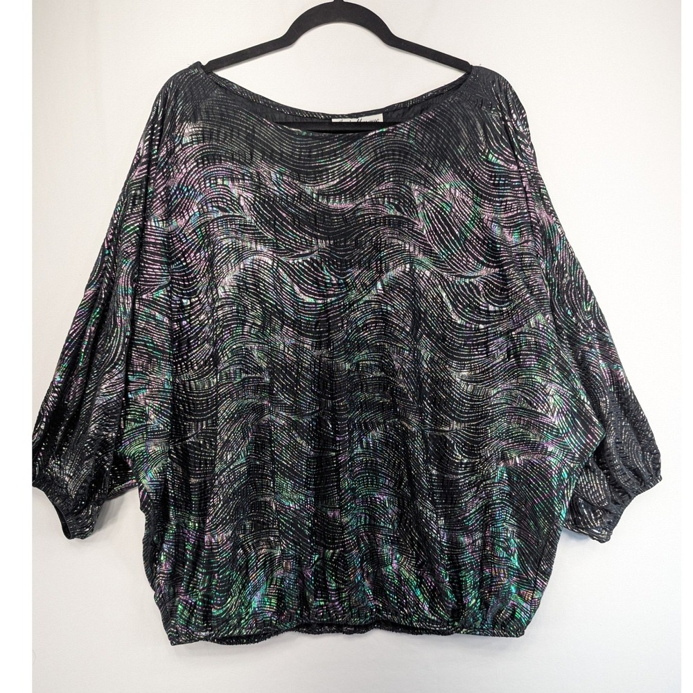Vintage Jeri Marque Iridescent Wave Batwing Blouse Black Metallic Party Top